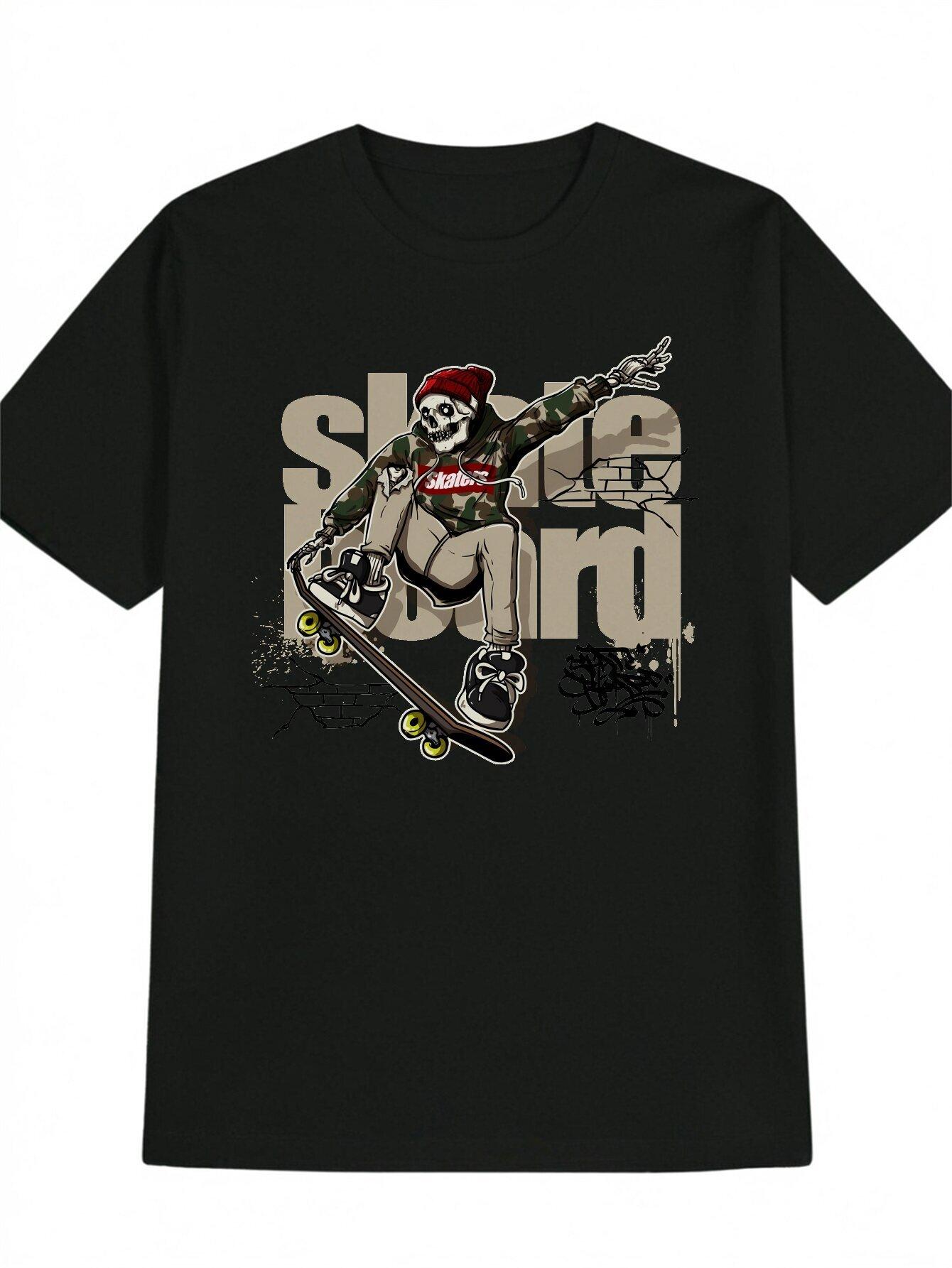

Casual Round Neck T-shirt with Skeleton Skateboarder Graphic - Black Polyester XXXL