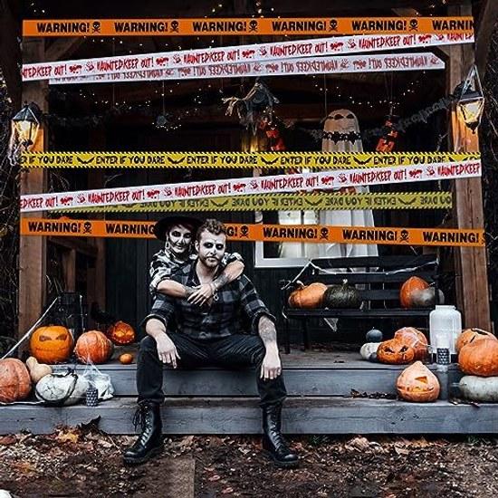 LIHAO Halloween Decoration Barricade Tape Non-Adhesive Warning 3 Types Included 30M Caution Sign Yellow