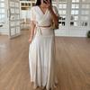 European and American Women's Clothing New Cross V-neck Short-sleeved Short Top Pleated High-waisted Long Skirt Set