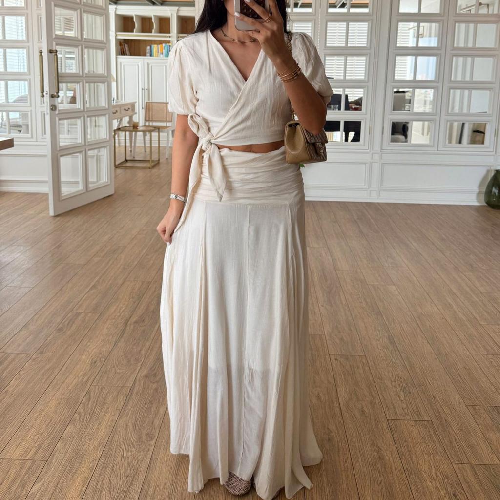 European and American Women's Clothing New Cross V-neck Short-sleeved Short Top Pleated High-waisted Long Skirt Set