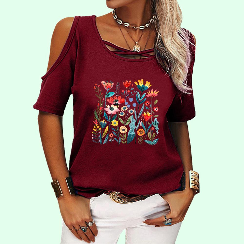 Women Fashion Round Collar Floral Print Tee Shirt Summer Pullover Off Shoulder Top Casual Short Sleeve T-shirt