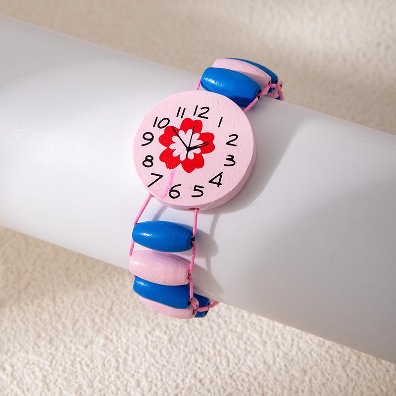 Cute Cartoon Children'S Colorful Bracelet Wood Watch Shape Bracelet Wood Painted Flower Bracelet