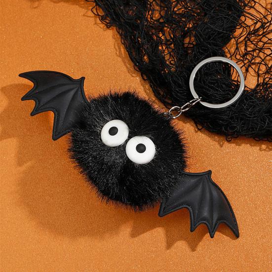 Holiday Gift for Men Halloween Bat Plush Keychain, Cute Devil Furry Pendant Funny Bag Decoration Keys, Vintage Silver Alloy Key Ring, Spooky