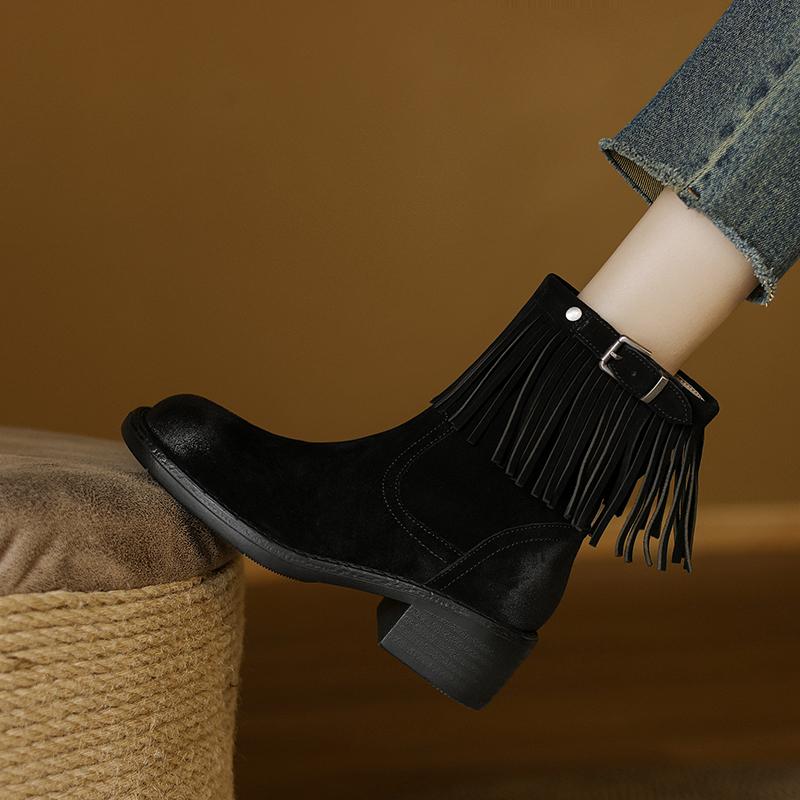 Fashion 2025 New Autumn Women Boots Round Toe Med Heel Cow Suede Leather Women Shoes Zipper Tassels mid-calf Boots Modern Boots