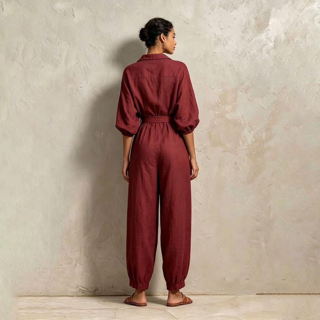 Women's Lapel Collar Button-Down Belted Color Slim Fit Casual Jumpsuit