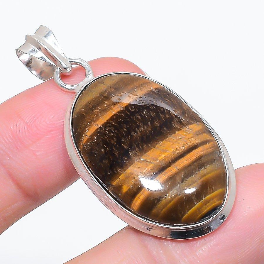 Natural Tiger Eye Gemstone 925 Sterling Silver Jewelry Pendant 1.93" T3u24