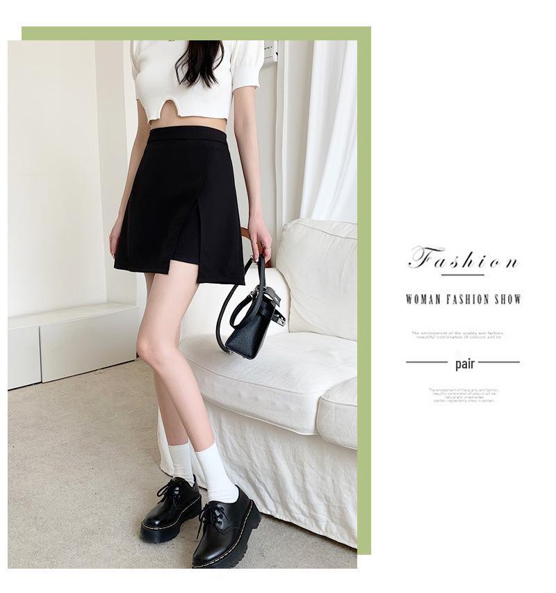 2024 Summer Plus Size High-Waist A-line Skort - Black Midi with Slit
