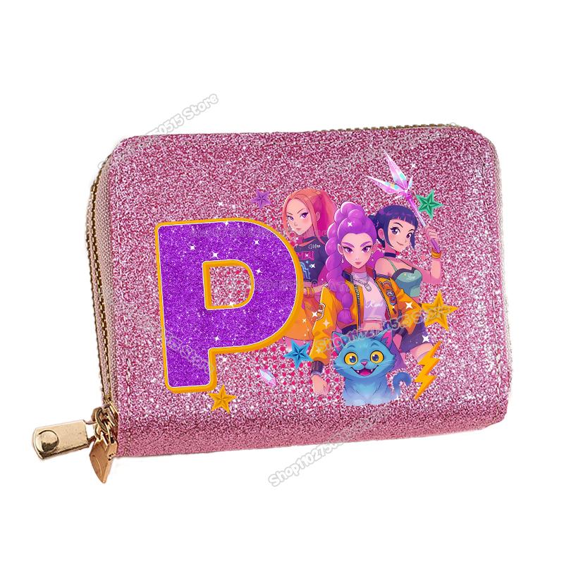 Korean Pop Demon Hunters Letter A-Z Women Short Wallet Bling Sequin Pu Leather Wallets Zipper Coin Purse ID Card Holder Girl Purse