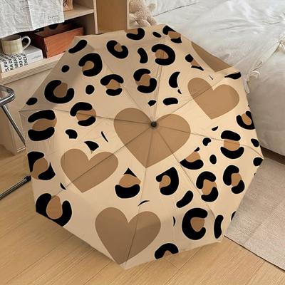 1PC Leopard Print Heart Umbrella-8-Rib Reinforced Portable Folding Travel Suitable for All Seasons Outdoor Daily Use Is an Ideal Choice -F336