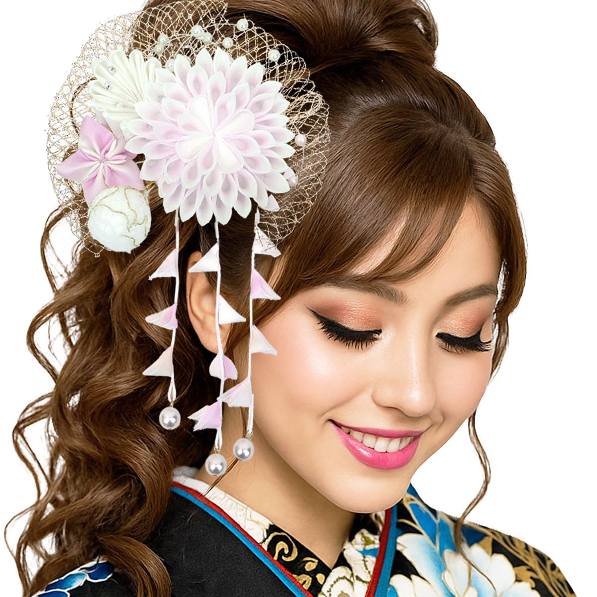 

Hair Pearl for and Ornament, Tsumami-zaiku, Beads, Lace, Furisode, Coming-of-Age Ceremonies, Graduations, Weddings, Yukata, wk-252 (Pink) розовый