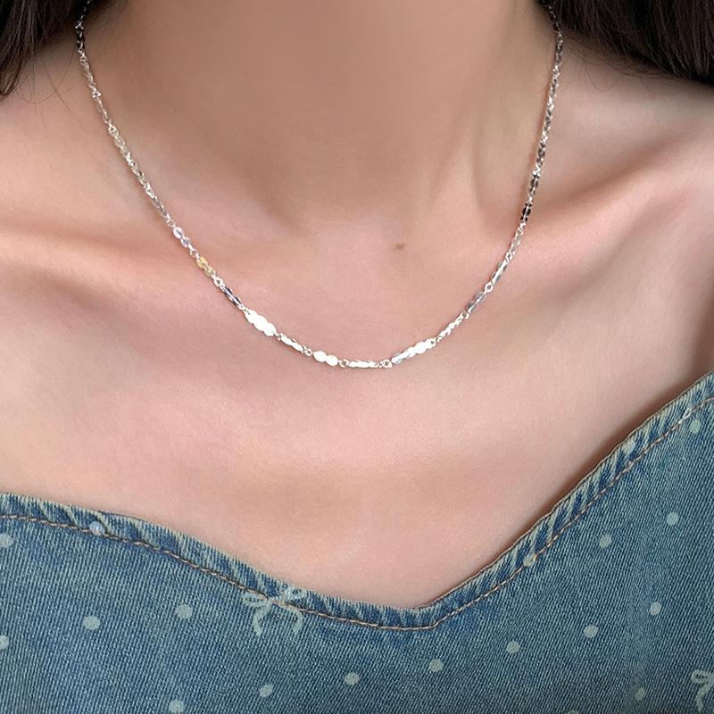 Versatile Peach Chain Glitter Tablet Plain Chain Necklace Female S925 Silver Stacked Wear Universal Clavicle Chain