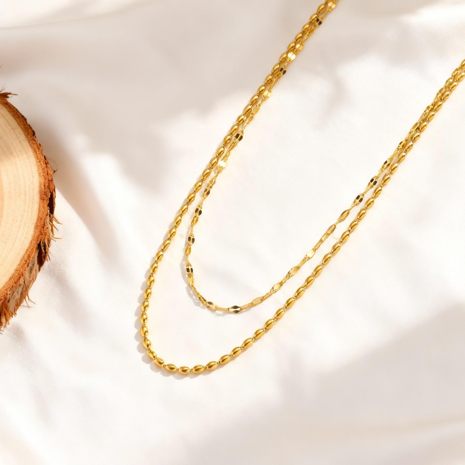 Stainless Steel Double Layer Stacking Necklace for Women Lip Chain and Olive Bead Chain Necklaces Elegant Jewelry Gift