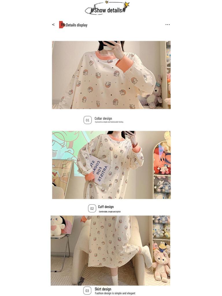 Nachthemd aus reiner Baumwolle in Übergröße mit Cartoon-Motiv (250 Jin) - Langärmliges, mittellanges Oberteil für Frühling/Herbst, geeignet für Zuhause oder als Freizeitkleidung für draußen