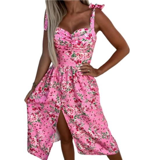 

Літня сукня Elegent Beauty Lady Dress Без рукавів, барвисті квіти, святковий одяг, принт, сукня міді без спини, квадратна горловина M рожевий червоний колір