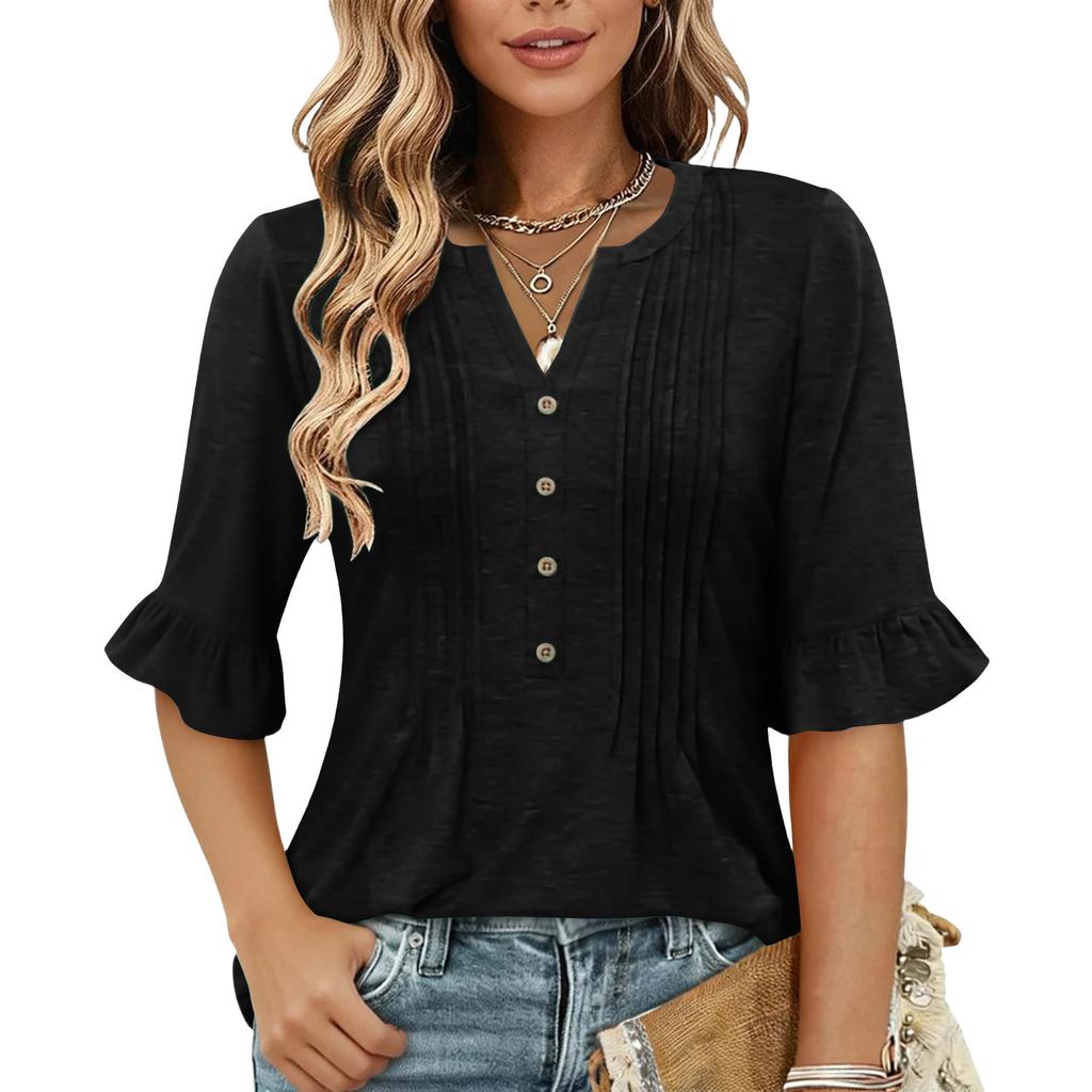 Women's Fashion Casual V-Neck Button-Front Pleated T-Shirt With Short Sleeves In Solid Color