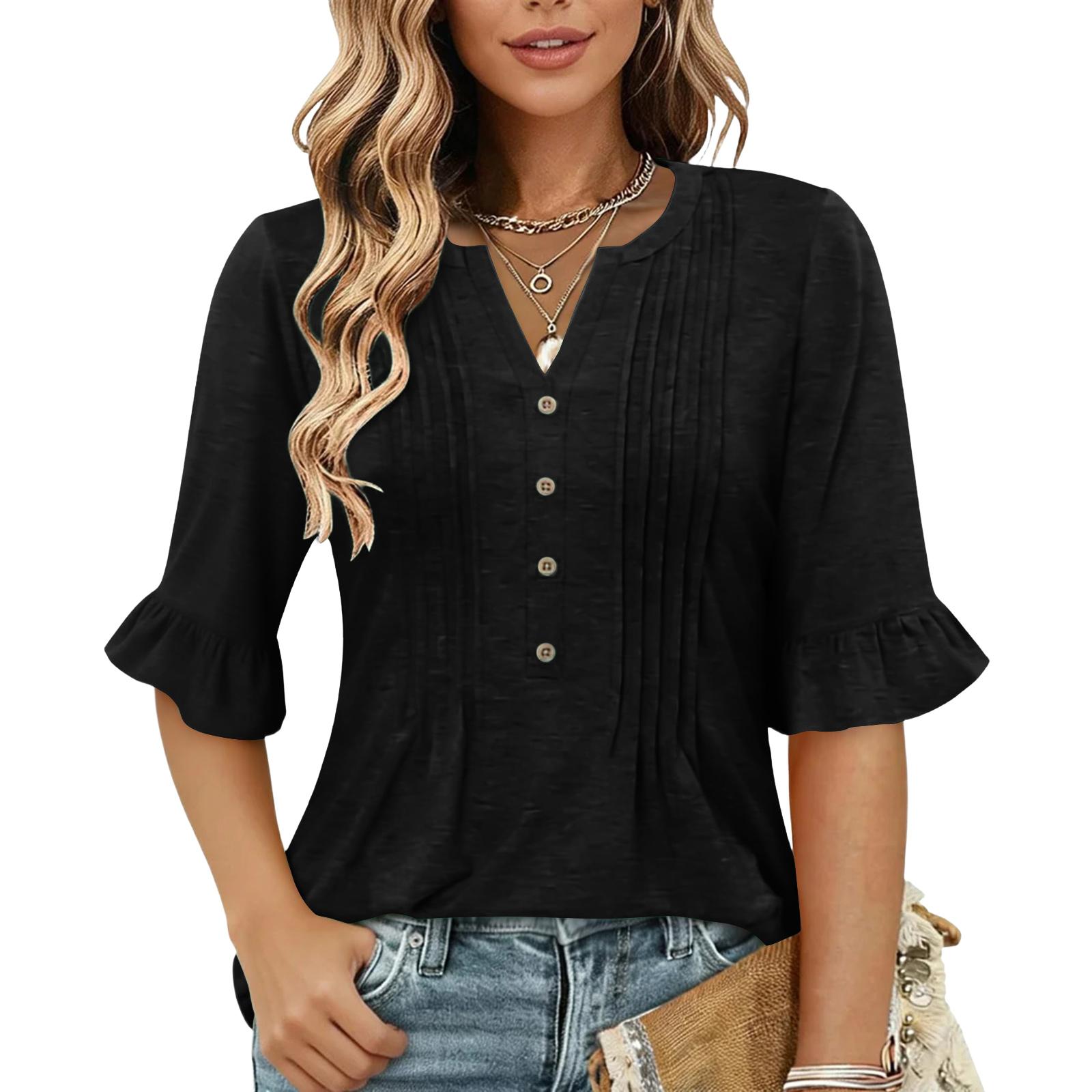 

Women s Fashion Casual V,Neck Button,Front Pleated T,Shirt With Short Sleeves In Color XL чорний