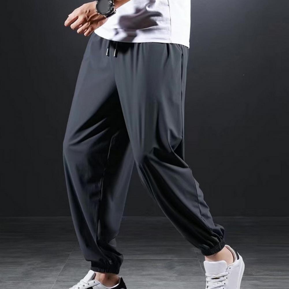 Men Sport Pants Ice Silk Relaxed Fit Ankle-banded Pockets Drawstring Elastic Waist Soft Breathable One Tone Gym Traning Jogging Swe