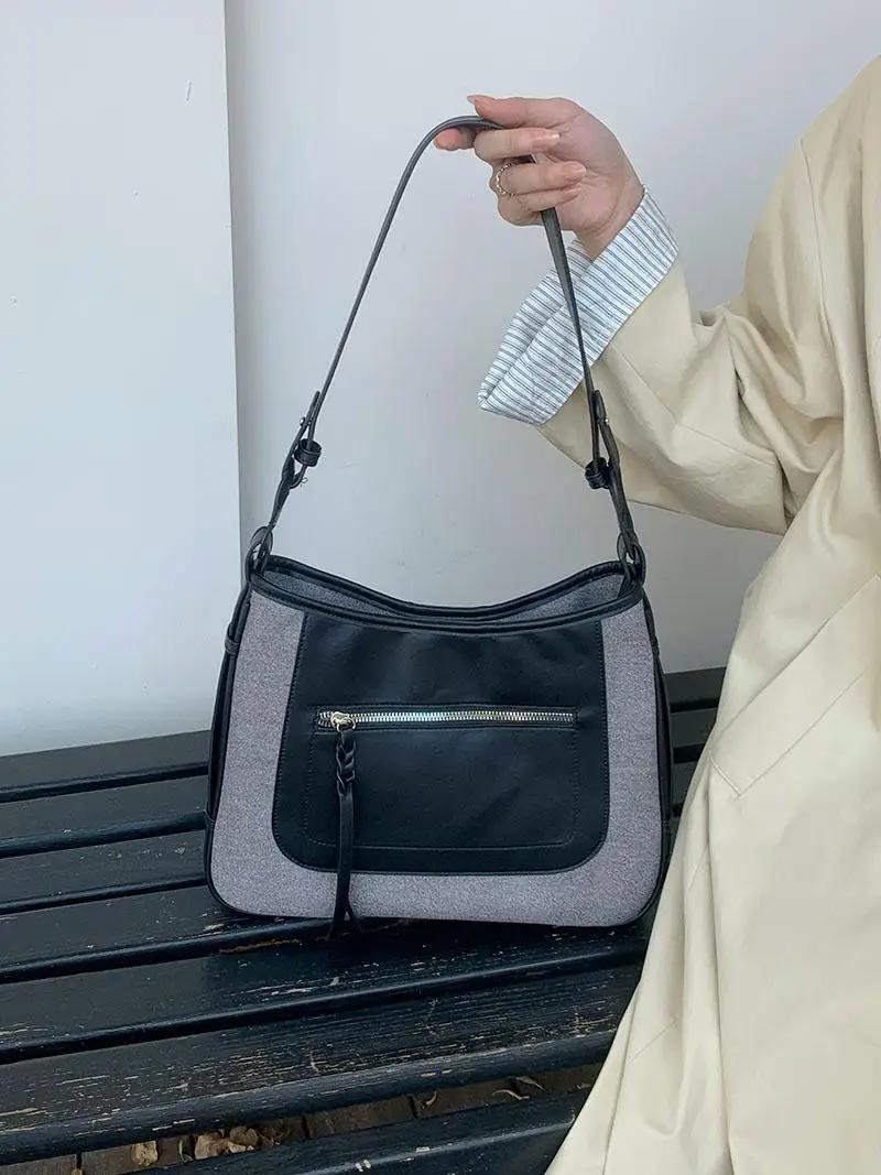Vintage Ctrast Color Women s Saddle Shoulder Bags Casual Commuter Ladies Underarm Bag Fashi Female Crossbody Bag Handbags чёрный