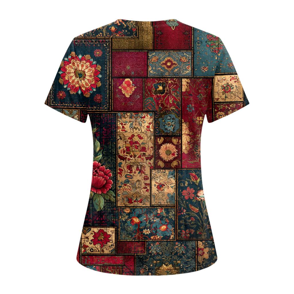 Damen V-Ausschnitt Drei-Taschen Kurzarm Retro-Print Uniform/Pflegekraft Oberteil Mit Schlitzen Am Saum