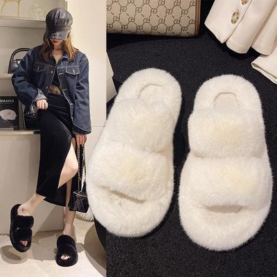 Tide Shoes Autumn and Winter New Korean Version Spring and Summer One-word Ins Cotton Slippers Fluffy Slippers Women's Outer Wear Thick Soles 2025
