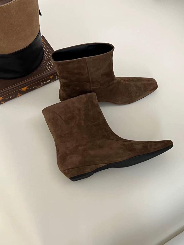 Sheepskin Version~ Retro Suede Square Head Small Slope Heel Flat Bottom Thin Boots Short Boots Women's 2025 New Versatile Cowboy Boots