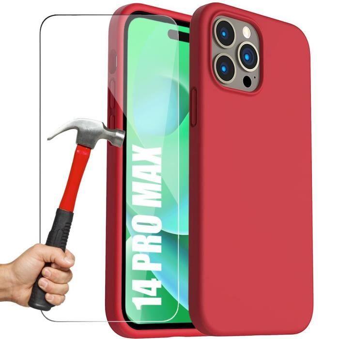 Protective Case - E.F.CONNECTION - for iPhone 14 Pro Max - Red Silicone - 2 Tempered Glasses - Shockproof