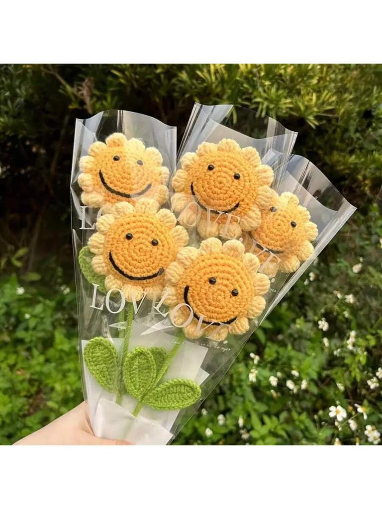 6Pcs Handmade Crochet Sunflower,Smile Knitted Flowers, Artificial Woven SunFlowers Best For Teacher's Day, Graduation Gift