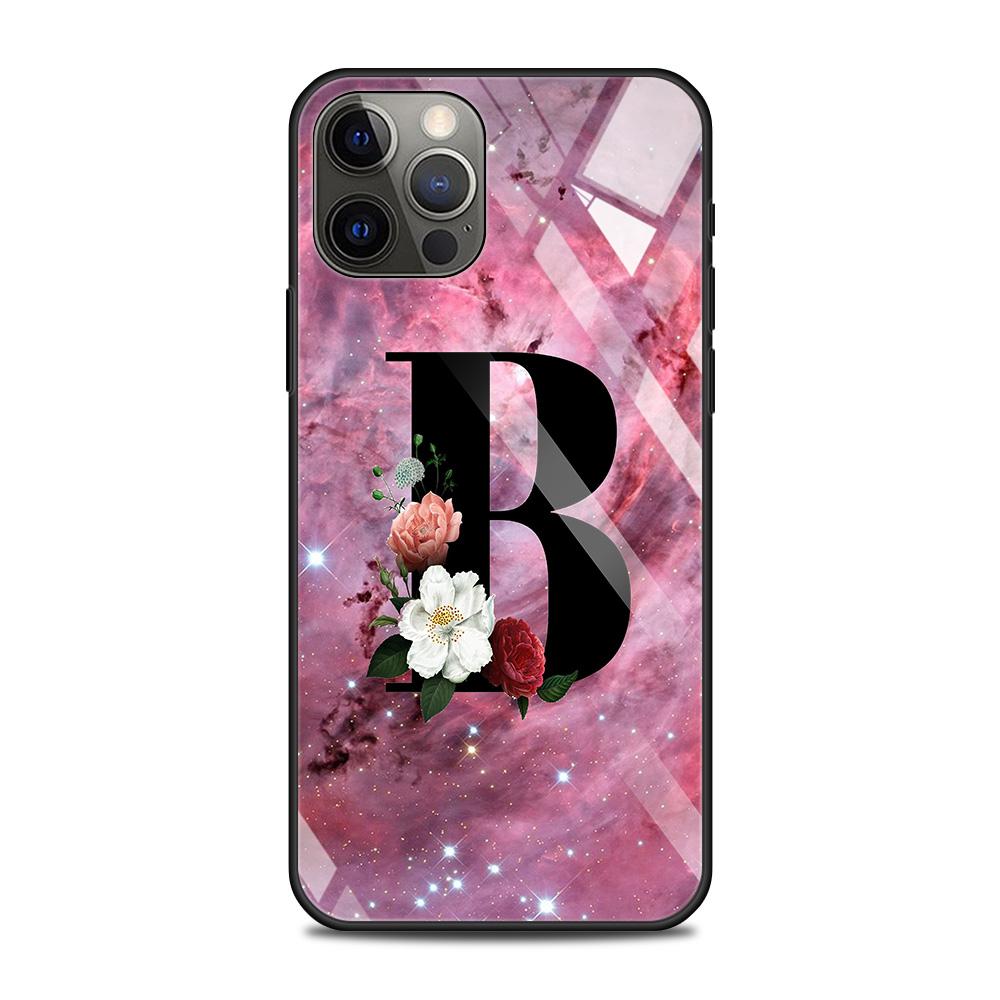 Tempered Glass Case For iPhone 14 12 11 Pro Max 13 12 Mini X XR XS Max 8 7 6s Plus Silicone Shell Letter A B Flowers Pink