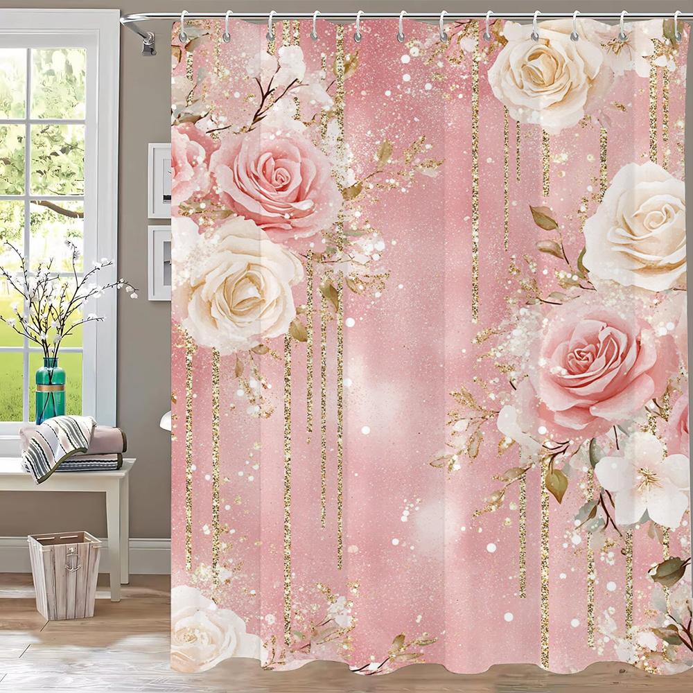 Pink Flower Shower Curtain For Women Bridal Wedding, Pink Flowers Romantic Suitable For Girls Hanging Curtain With Hooks