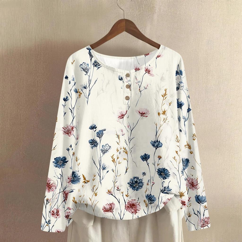 Women's Fashionable And Casual Shirt Long Sleeve Round Neck Solid-color Cotton And Linen Blouse Top