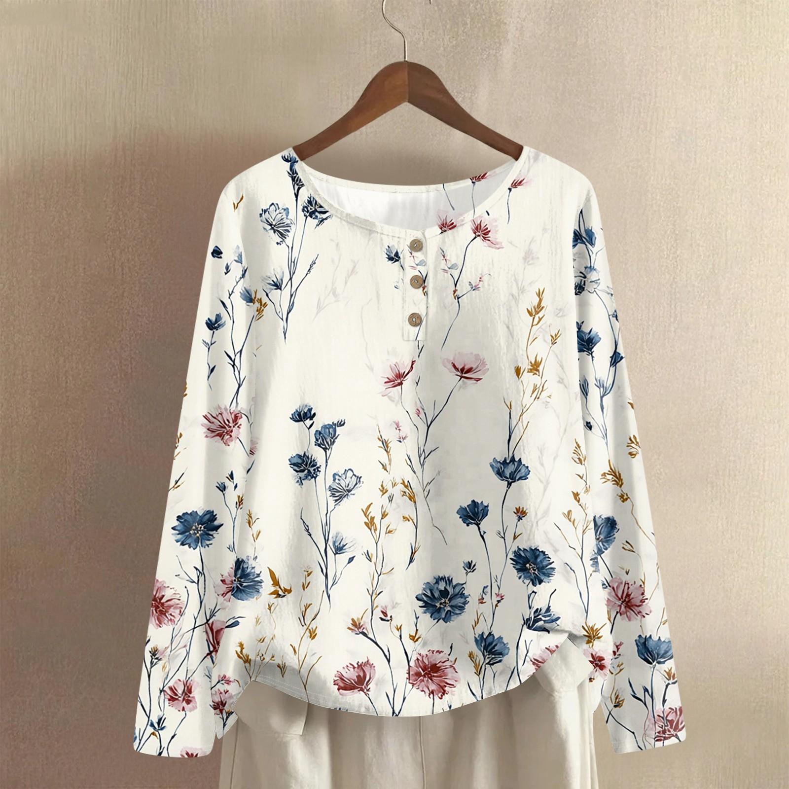 

Women s Fashionable And Casual Shirt Long Sleeve Round Neck Solid-color Cotton And Linen Blouse Top L