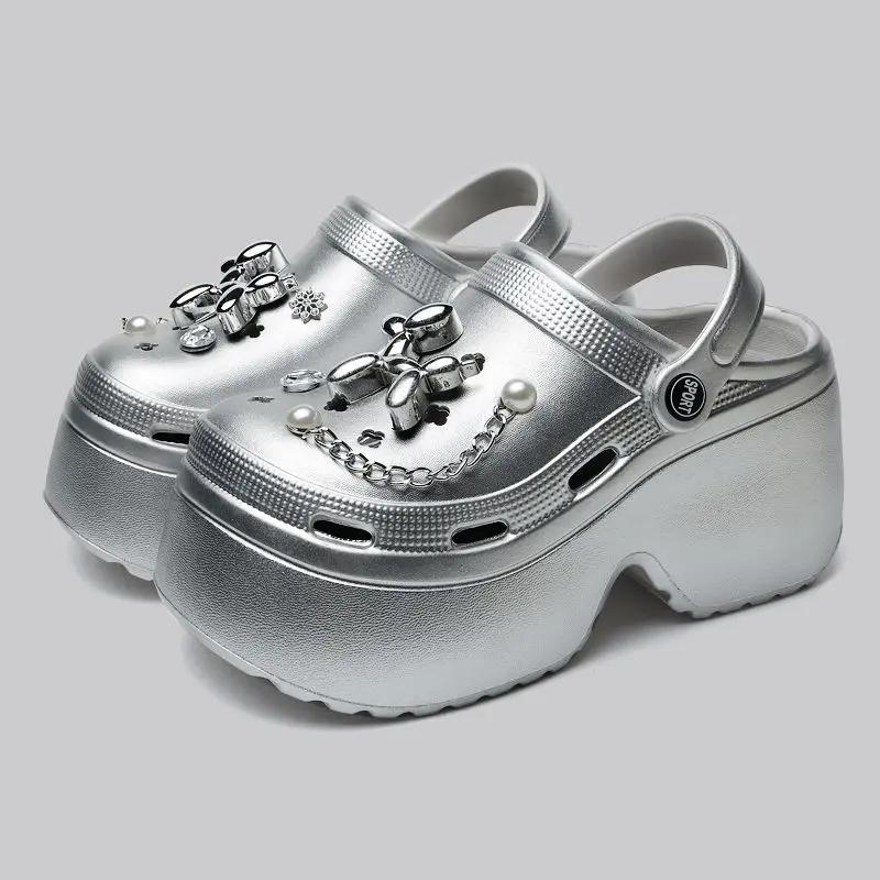 Fashion Women Slippers Platform Metal Decoration Sandals Wedges Shoes Outdoor Clogs Thick Sole Slipper Ladies Flip Flops Garden Shoes