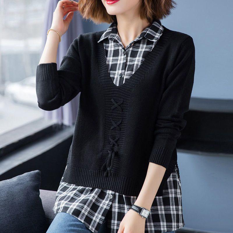 New Spring and Autumn Fashion Korean Edition Spliced Fake Two Piece Shirt Collar Top Loose and Versatile Women's Knitted Sweater
