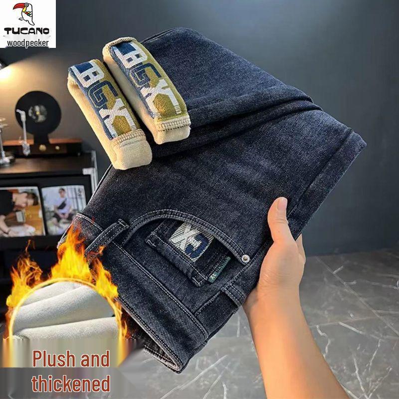 Men's Wear-Resistant Fleece-Lined Straight-Leg Stretch Slim-Fit Trendy Jeans