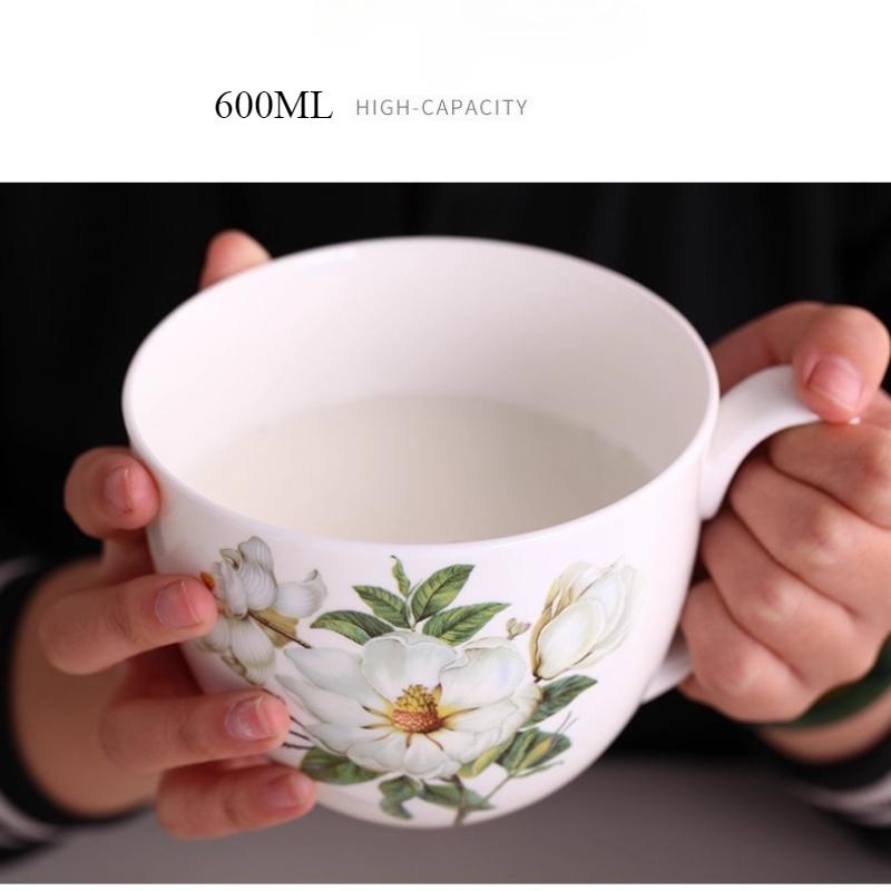 600ml Tasse aus Knochenporzellan mit großem Fassungsvermögen - Blumige Keramiktasse für Milch, Haferbrei, Frühstück, ofen-, mikrowellen- und spülmaschinengeeignet