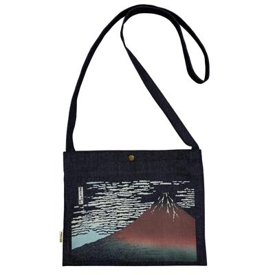 Sacoche Crossbody Made In Okayama Shoulder A4 Japanese Textile Dark Lined with Wave Red Fuji [Edoten] Bag, Japan, Denim, 100% Cotton, Bag, Size,