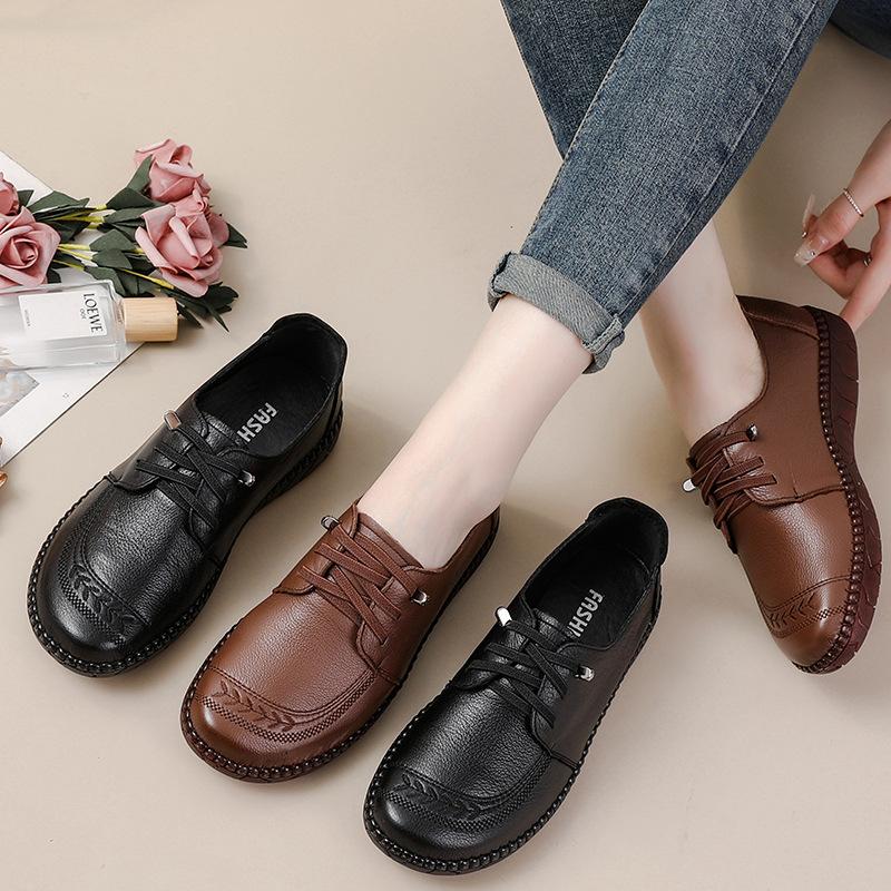 Cowhide Retro Ethnic Style Women Shoes Comfortable Tendon Soft-Soled Mother Shoes Genuine Leather Thick-Soled Leather Shoes