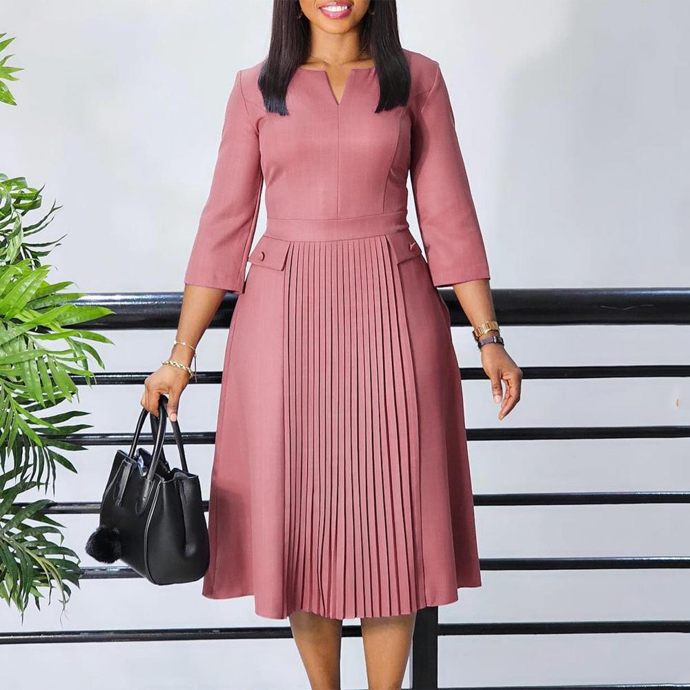 Elegante Bürokleider Damen Übergröße O-Ausschnitt Faltenkleid Wadenlang Formell Damen Business Arbeitskleidung Kleid