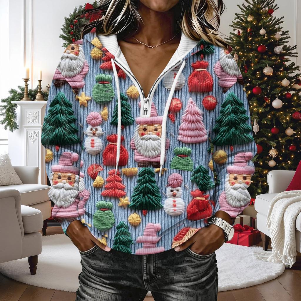 Women's Long Sleeve Christmas Print Pullover Hoodie with