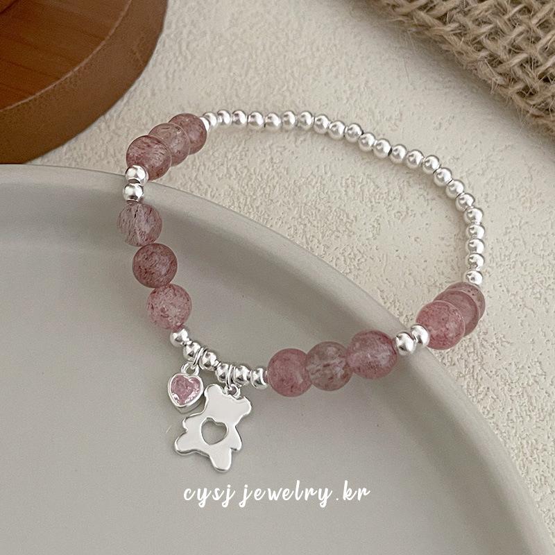 Cui Yan S925 Sterling Silver Korean Style Strawberry Crystal Bowknot Bracelet, Sweet and Layered Heart Design for Women.