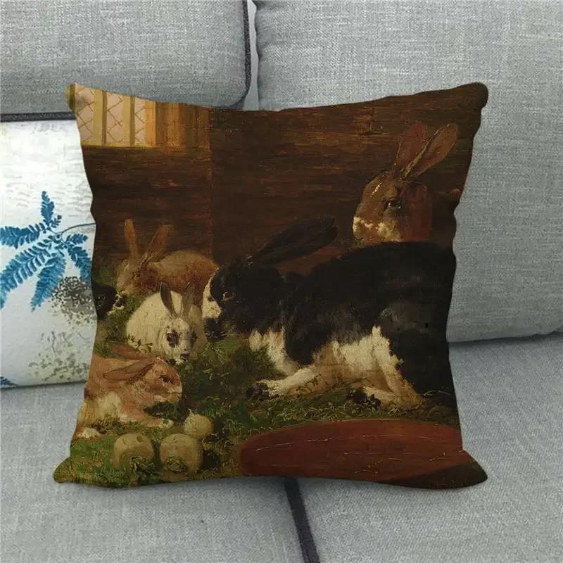 Happy Home Pillowcase Funny Rabbit Easter Egg Print Cushion Cover Pastoral Cartoon Hare Pattern