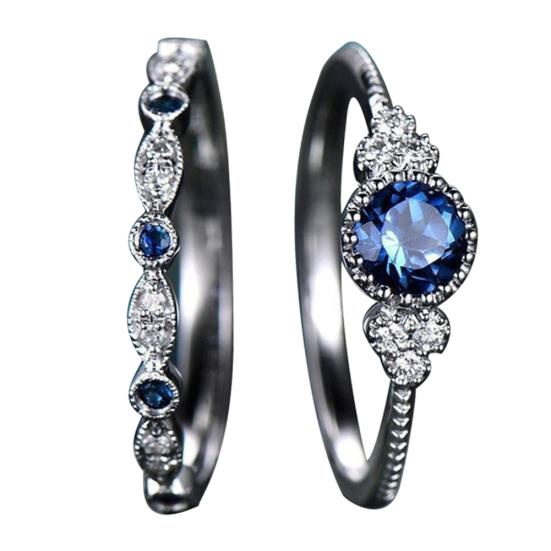 

2Pcs/Set Women Rhinestone Round Cut Cubic Zirconia Finger Ring Wedding Jewelry US 8 синій