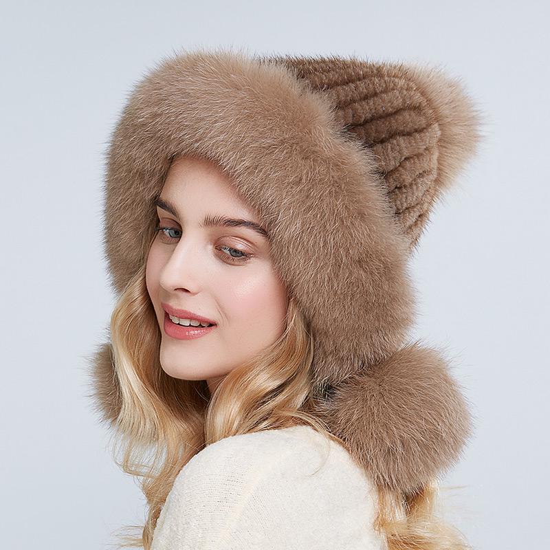 Winter Real Mink Fur Hat for Women Fox Fur Pompom Ear Protect Caps Warm Lined Knitted Fur Beanie Hat With Custom Logo