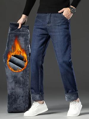 Men's Straight Leg Fleece Lined Jeans, Classic Design Thickened Denim Pants For Men, Warm Jeans For Autumn/Winter