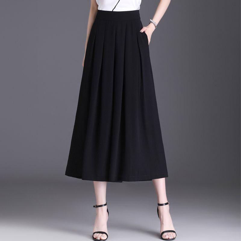 

Plus Size High-Waisted A-line Culottes Skirt with Pockets - Elastic Waist, Wide-Leg Casual Pants 3XL (suggested for 145-160 jin) чёрный