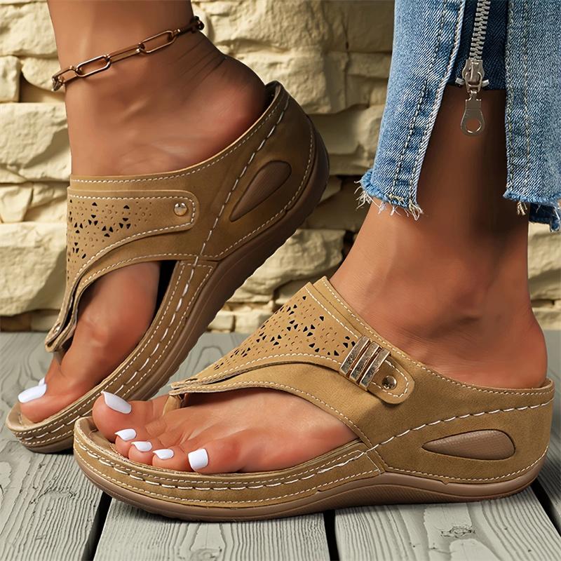 Fashion Woman Slippers Leather Non-Slip Soft Platform Shoes Flip Flops Summer Wedge Sandals Lightweight Orthopedic Slippers Slides Women