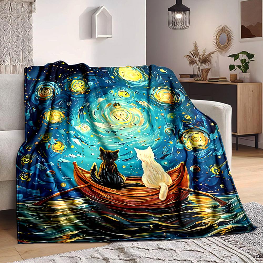 1pc Cat Night Lightweight Flannel Blanket, Comfortable and Warm Blanket, for Office and Camping Sofa Bed, Livingroom106