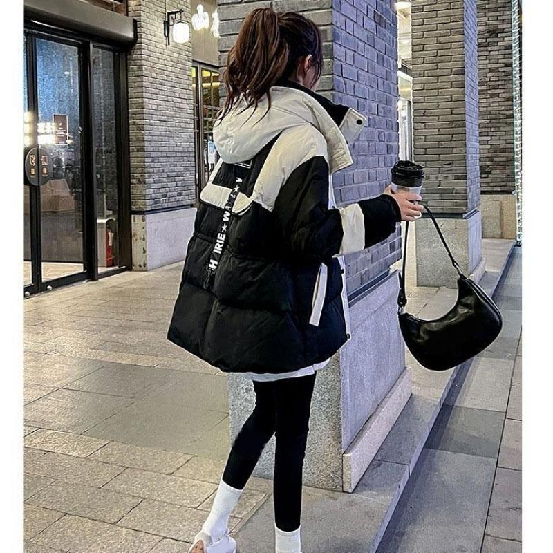 Winter Women Down Cotton Coat Female Medium To Long Parkas Jacket Ladies Slimming Hooded Splicing Together Puffer Outwear