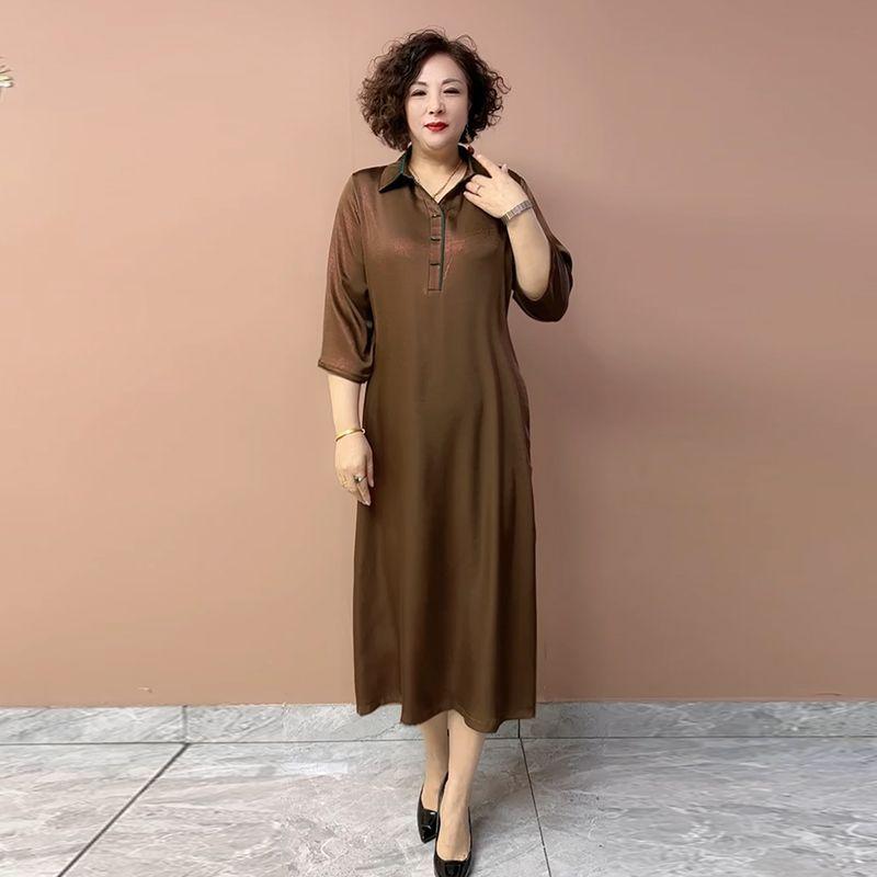 Women’s Silk Dress Summer Lapel Plus-size Dress Solid Color Soft Skin-friendly Breathable Silk Long Dress