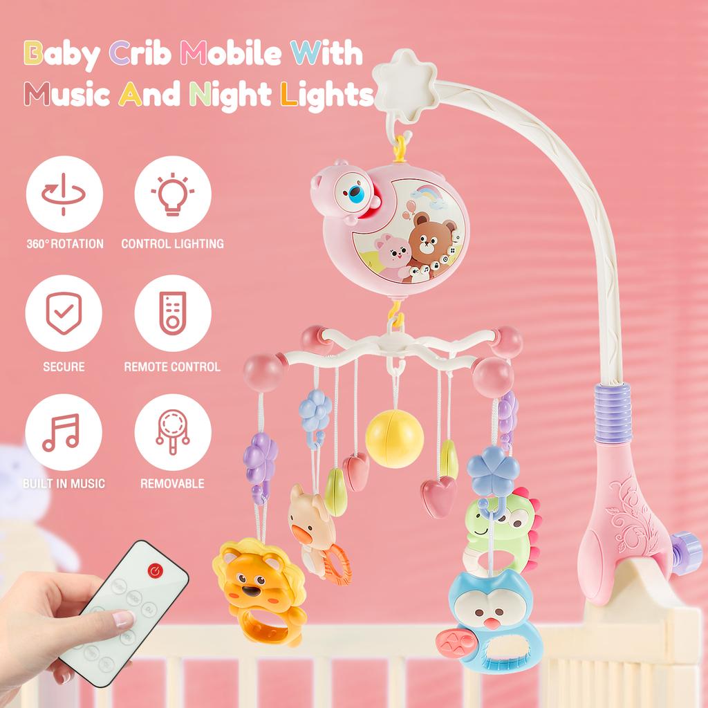 Baby Crib Mobile with Music and Light Cute Crib Mobile Toys with Remote Control 360° Rotation Baby Musical Crib Mobile